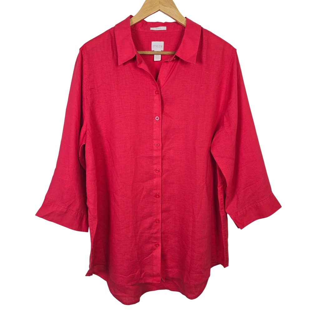 Chicos No Iron 100% Linen Button Down Shirt Red 3/4 Sleeve Tunic Size 3 - XL